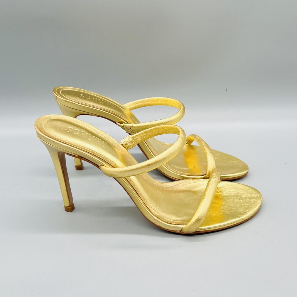 Schutz Sandals Womens 8 Gold Synthetic Strappy Slide Stiletto Heel Dress Shoes